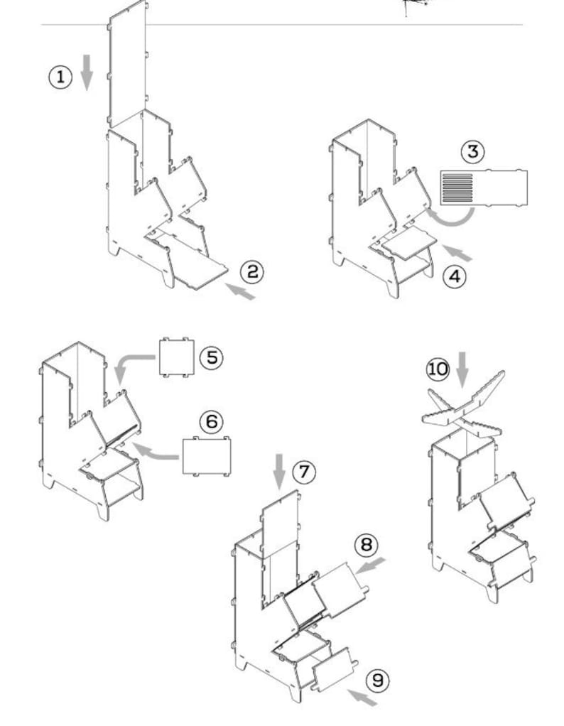 May include: Diagram of a wood stove assembly. The image shows the step-by-step process of assembling a wood stove, with numbered arrows indicating the order of assembly. The stove is made of interlocking wooden pieces.