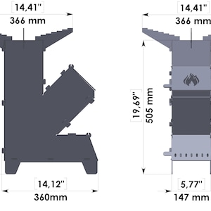 May include: A gray metal wood stove with dimensions shown in the image. The stove is 21.46 inches (545 mm) tall and 14.41 inches (366 mm) wide. The stove has a fire symbol on the side and is designed for outdoor use.