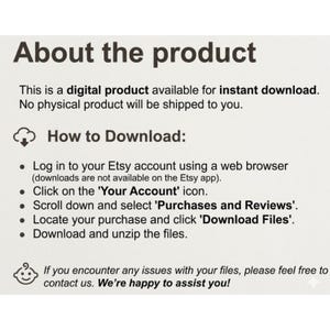 May include: A digital product information graphic with the title "About the product." Instructions on how to download the digital product are listed below the title. The text states that no physical product will be shipped.