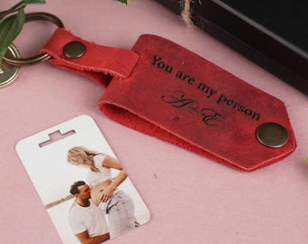 Gepersonaliseerde leren fotosleutelhanger, aangepaste sleutelhanger paar, jubileumcadeau, autosleutelhanger met afbeelding