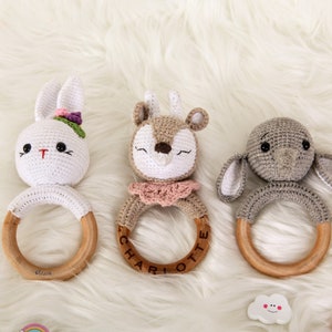 Personalized Baby Rattle - Wooden Baby Ring - Baby Shower Gift - Bunny Ear Baby - New Baby Gifts - Engraved Baby Gifts - Baby Gift Ideas