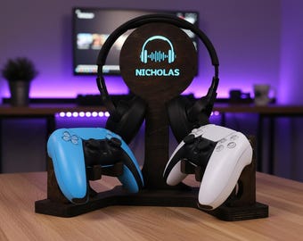 Gepersonaliseerde gamingheadset en controllerstandaard - houten hoofdtelefoonhouder met ledlicht - cadeau voor gamer