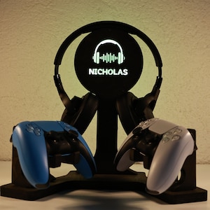 Personalize Wooden Controller and Headset Stand Gift, Husband Birthday Gift, Gamer Room Decor, Christmas Gift for Dad, Tech Accessories Gifs