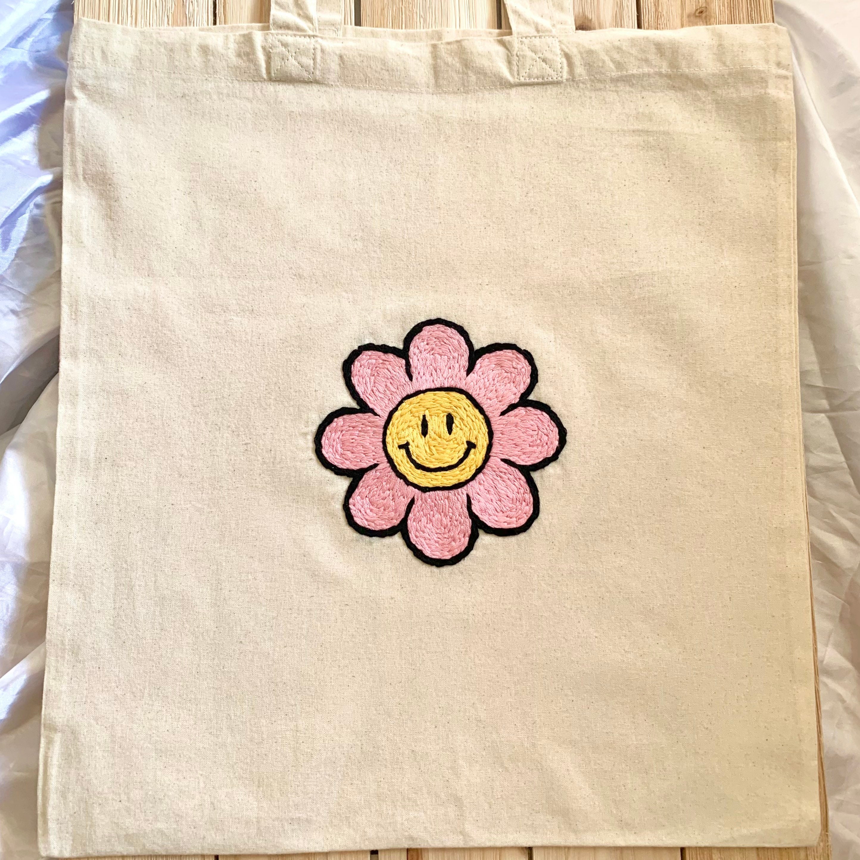 Pink Flower With Smiley Face Tote Bag. Hand Embroidered Canvas Tote