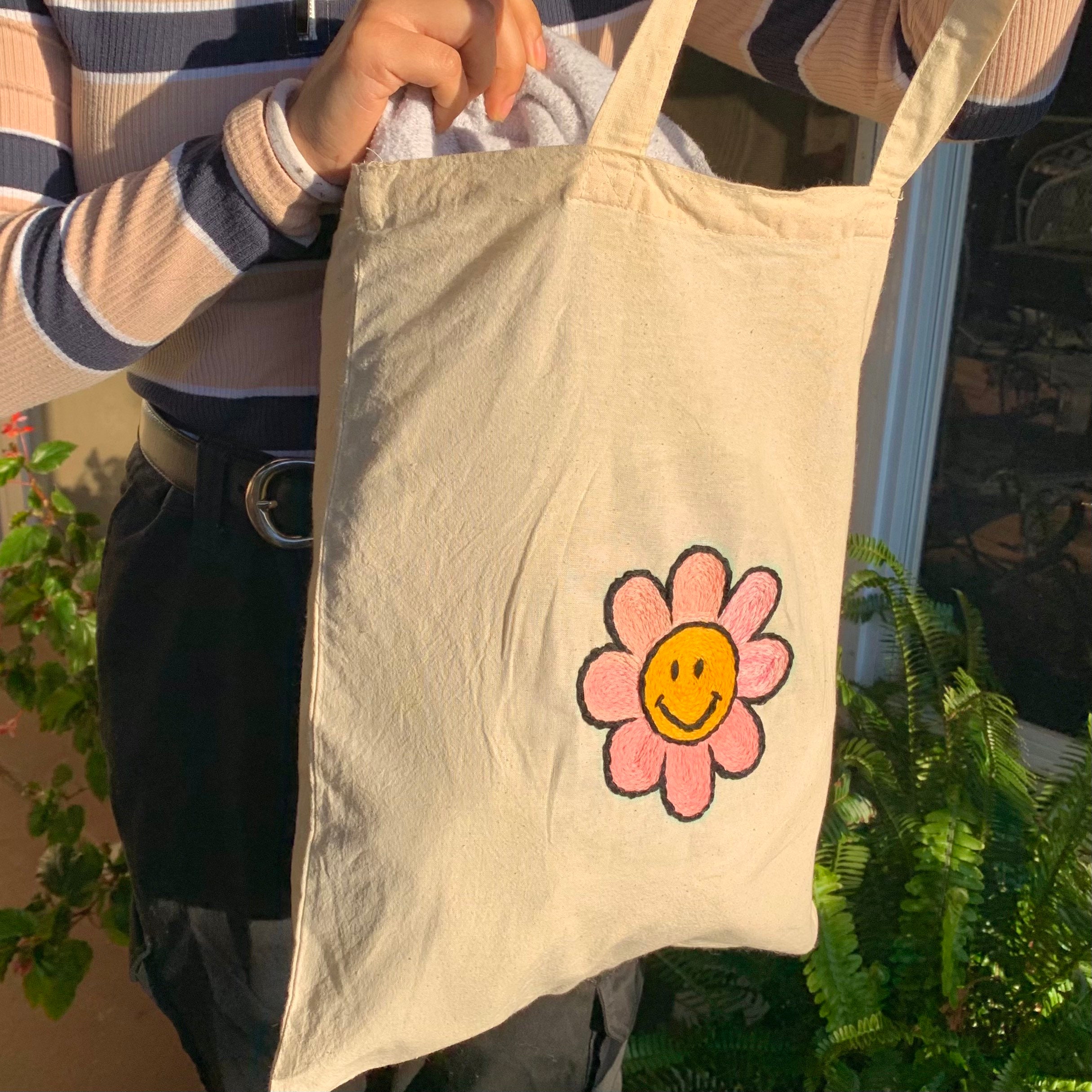 Pink Flower With Smiley Face Tote Bag. Hand Embroidered: - Etsy