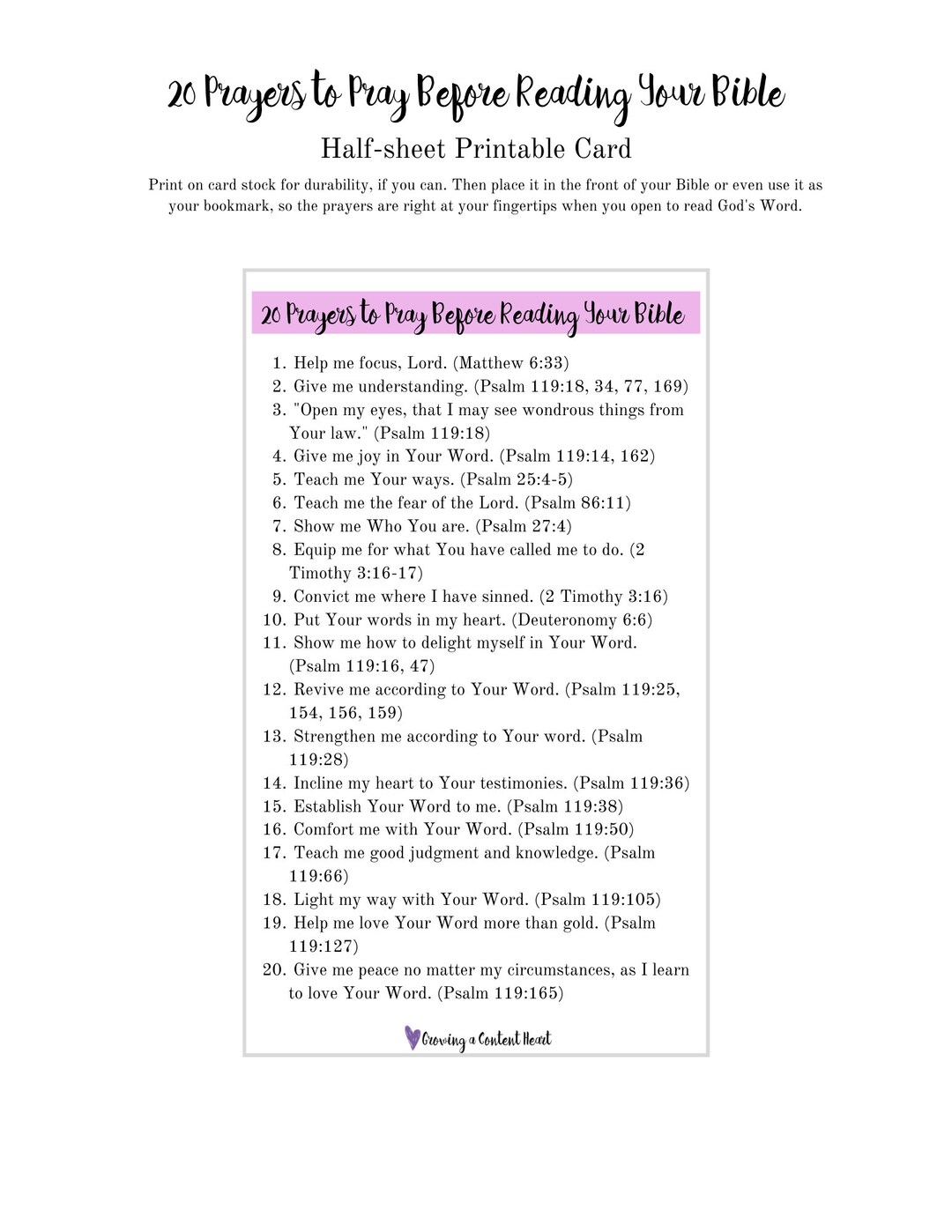 20 Prayers to Pray Before Reading the Bible Printable Bookmark, Card, Halfsheet Etsy
