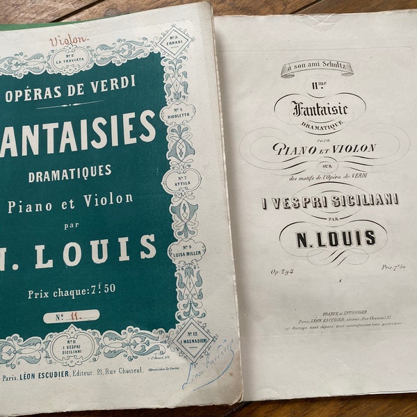 NEW STOCK Large Wonderful Antique 1850's Verdi Opera Paper Musical Music Score Piano & Violin Green Folder Old Paper Ephemera Score