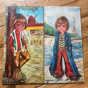 NOUVEAU STOCK Grande paire d'impressions vintage françaises rétro Paris signées Zoe Big Eye Girl Boy