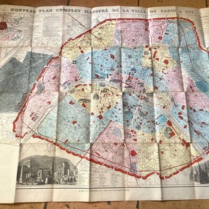 NOUVEAU STOCK Antique 1888 grande carte vintage française dépliante de Paris et ses environs, guide des monuments de l'église vieux papiers éphémères