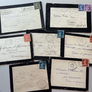 NIEUWE VOORRAAD Prachtige verzameling van 6 lege Franse rouwbriefpapierenveloppen zwart papier jaren 1900 dagboekaccessoires plakboek
