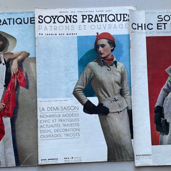 Superbe trio de magazines féminins français des années 30 Soyons pratiques avec patrons de couture vieux papiers éphémères