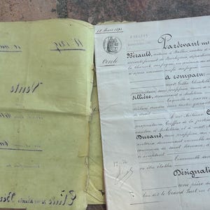 NUOVA STOCK Collezione di documenti francesi vintage shabby del 1873 con copertina gialla, pagine scritte a mano, effimeri, artigianato, album di ritagli