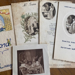 Belle collection de 5 menus manuscrits originaux vintage français de confirmation de baptême, accessoire de scrapbooking