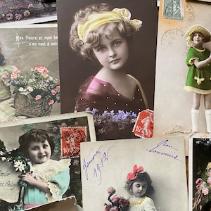 NUEVO STOCK Lote surtido de 10 postales antiguas francesas de la década de 1900 con temática infantil, papel antiguo manuscrito efímero