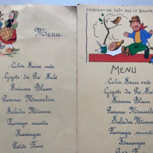 STOCK NEUF Belle collection ancienne de 4 jolis dessins de dessins animés imprimés Menus des années 1948, accessoires pour journal intime, album de scrapbooking