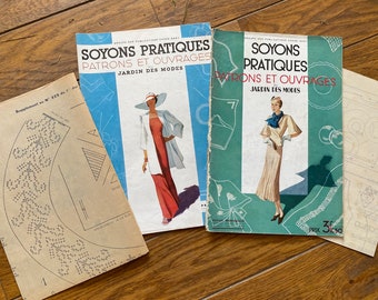 NEW STOCK Stunning Pair of 1930's French Ladies Magazines Soyons Pratiques with Sewing Patterns Old Paper Ephemera