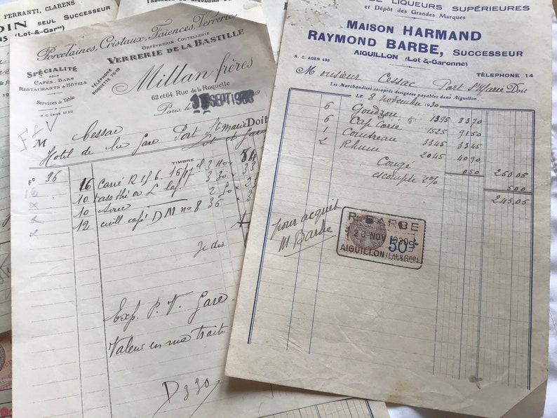 Collection of 8 Original 1930\u2019s French Receipts Bill Restaurant Papers Journal Accessories Scrapbook