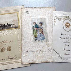 NIEUWE VOORRAAD Mooie antieke collectie van 3 mooie gedrukte handgeschreven mooie bruiloft Franse menukaarten uit 1913 dagboek accessoire plakboek