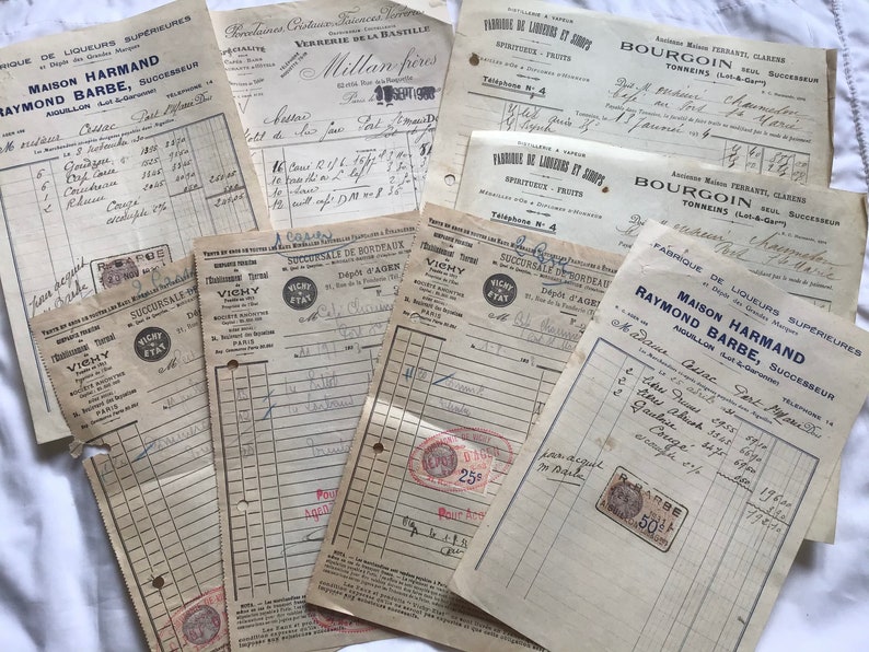 Collection of 8 Original 1930\u2019s French Receipts Bill Restaurant Papers Journal Accessories Scrapbook