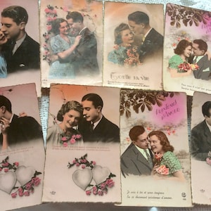 Preciosa colección de postales francesas de cartas de amor de parejas de los años 1945/46 en color rosa, efímeras de papel antiguo escritas a mano.