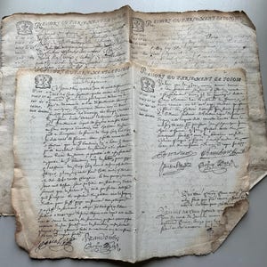 NUOVO Stupendo paio di 1600 e 1700 Shabby Collection di antichi documenti legali francesi, documenti effimeri, artigianato, arte, album di ritagli