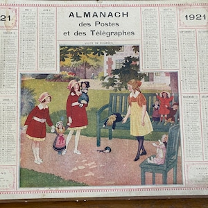 Vintage 1921 Francuski Almanach Pocztowy Wiszący Stary Papier Ephemera
