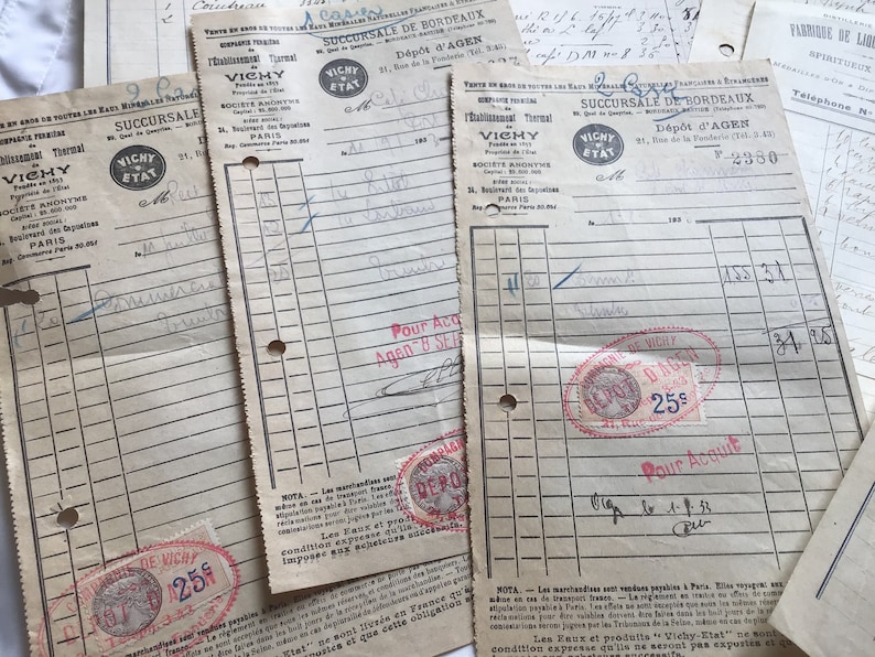 Collection of 8 Original 1930\u2019s French Receipts Bill Restaurant Papers Journal Accessories Scrapbook