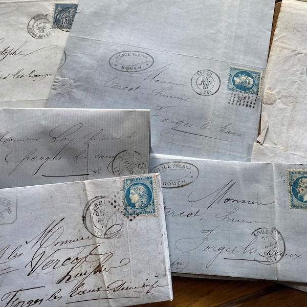 NEW STOCK 6 Blue Antique Collection of 1860-80’s Small Folded Stamped French Handwritten Letters Post Cards Old Paper Ephemera