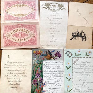 STOCK NEUF Belle collection ancienne de 6 jolis menus manuscrits des années 1900 pour un mariage, un album de scrapbooking