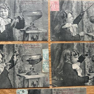 STOCK NEUF Collection de 5 cartes postales originales vintage des années 1900, pêche, poisson rouge, enfants, photographies manuscrites vieux papier éphémères