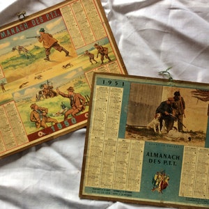 Paire de calendriers français vintage 1950-51 Almanach, cartes décoratives publicitaires, vieux papiers éphémères