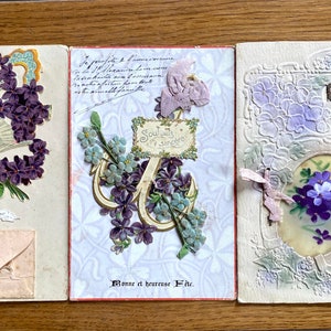 3 très jolies cartes postales décoratives vintage françaises manuscrites anciennes en papier éphémères