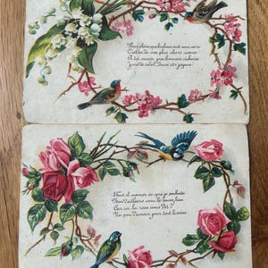 NOVO ESTOQUE Maravilhoso par de cartões postais com poemas florais de pássaros e rosas muito bonitos dos anos 1900, manuscritos em papel antigo efêmero