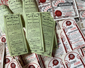 NOUVEAU STOCK Assortiment de plus de 50 étiquettes originales vintage françaises de pharmacie apothicaire chimiste médecine vieux papier éphémères