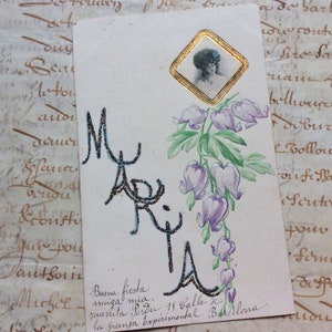 Vintage 1900 Postkarte mit Name Maria auf der Vorderseite, Blumen Glitter Fotografie altes Papier Ephemera