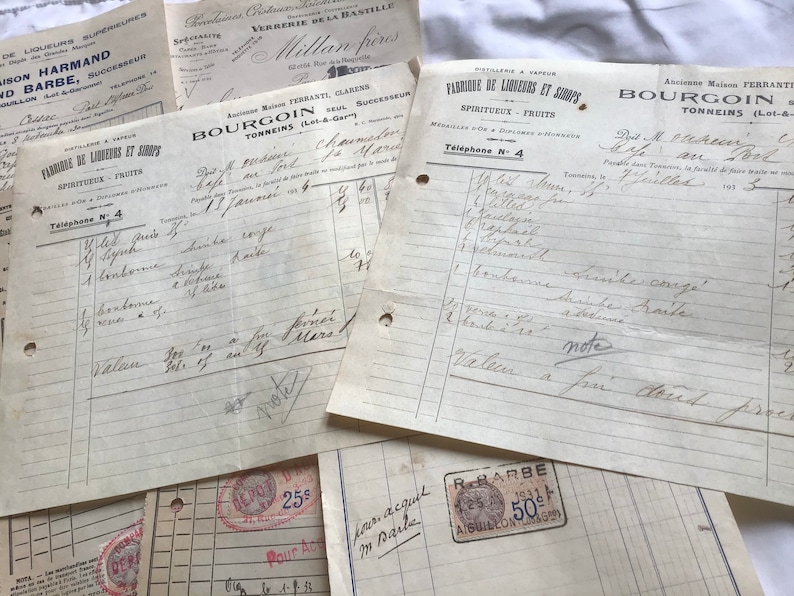 Collection of 8 Original 1930\u2019s French Receipts Bill Restaurant Papers Journal Accessories Scrapbook