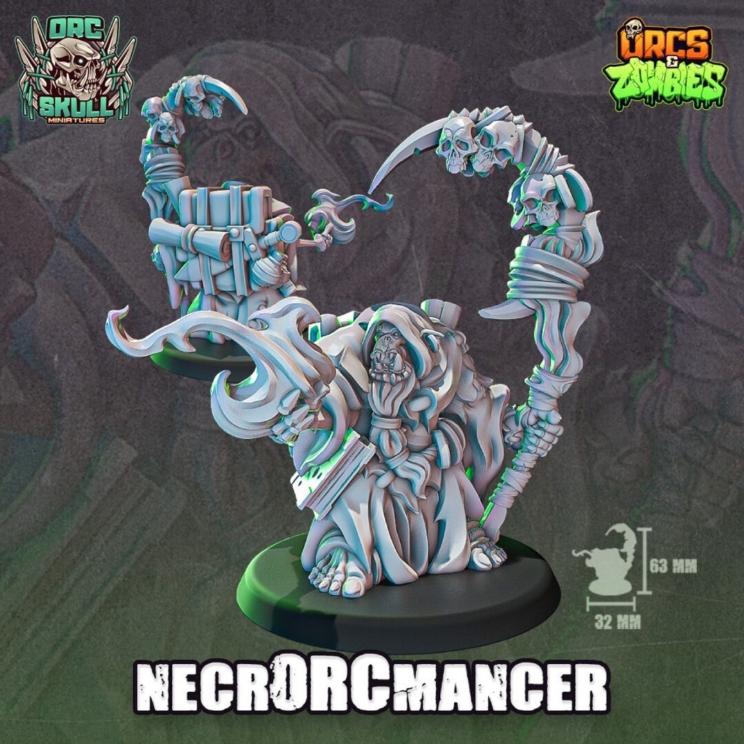 NecrOrcmancer • Orcs & Zombies • Orc Skull Miniatures • 3D Printed 32mm TableTop Miniature