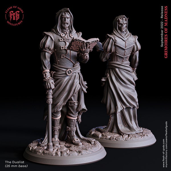 The Dualist, Human Wizard (25mm base) • Grimoires Of Madness • Flesh of Gods • 3D Printed 32mm TableTop Miniature