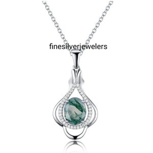 Oval Cut Moss Agate Necklace, 925 Sterling Silver, Moss Agate Pendant, Unique Gemstone Jewelry, Nature Inspired, Green Agate Necklace