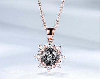 Black Rutilated Quartz Necklace, 14K Rose Gold Plated Tourmalinated Quartz Necklace Pendant for Women