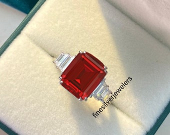 Anillo de rubí de laboratorio en plata de ley 925, piedra preciosa roja, piedra natal de julio, anillo de rubí de corte esmeralda en plata maciza, anillo vintage, regalo para ella