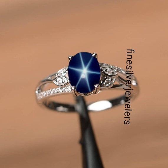 Blue Star Sapphire Ring 925 Sterling Silver Ring, Lindy Star Sapphire  Vintage Engagement Art Deco Ring Cabochon Ring