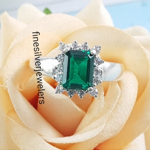 Lab Grown Emerald Cut Emerald Engagement Ring, Vivid Green Emerald Ring, Green Gemstone Ring, Rectangular Emerald Ring