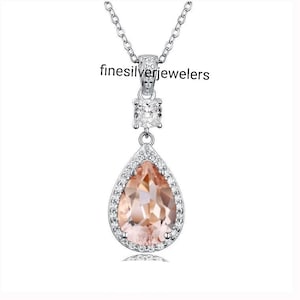 Teardrop Morganite Necklace- Peach Morganite Necklace- Wedding Jewelry- Morganite Pendant- Silver Morganite Necklace
