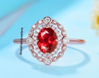 Anel de Noivado Vintage com Rubi de Corte Oval, Pedra do Mês de Julho, Ouro Rosa, Rubi Sintético, Presente de Aniversário para Mulheres