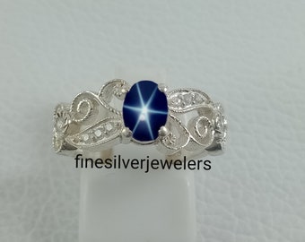 Genuine 6 Ray Blue Sapphire Star Ring 925 Sterling Silver Ring Blue Lindy Star Ring