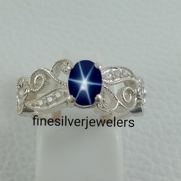 Genuine 6 Ray Blue Sapphire Star Ring 925 Sterling Silver Ring Blue Lindy Star Ring