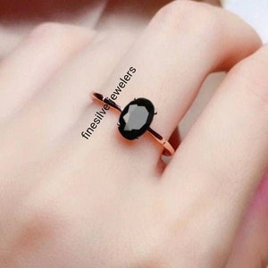 Oval Cut Black Onyx Ring Sterling Silver Black Gemstone Engagement Ring for Women