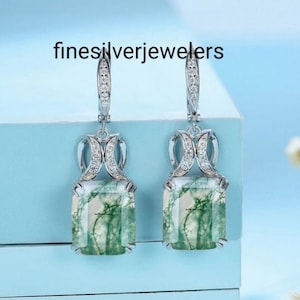 Hoop Earrings Moss Agate Sterling Silver Earrings, Moss Agate Gemstone Earrings, Emerald Cut Earrings, Hoop Agate Earrings