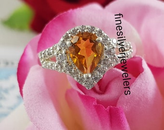 Genuine Citrine Ring Pear Cut November Birthstone 925 Sterling Silver Engagement Ring Yellow Gemstone Ring